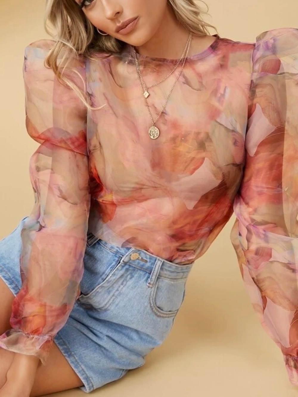 Sheer Pink Floral Organza Puff-Sleeve Top